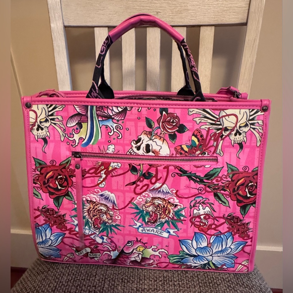 Ed Hardy Love Kills Slowly Straw Tote Bag Skull Rhinestone Tattoo Art Vegan NEW - Picture 4 of 16